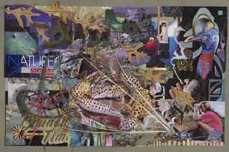 A collage of pictures of various creatures, with the artist looking at them.