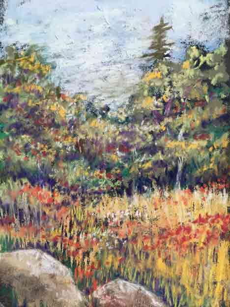 Chalk pastel drawing of meadow with yellow flowers