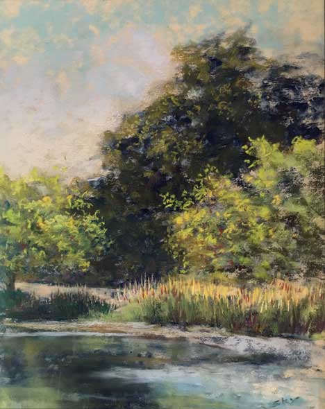 Chalk pastel drawing of trees and pond