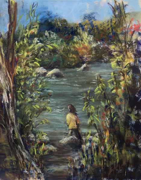 Chalk Pastel drawing of girl in a yellow jacket in front of a river