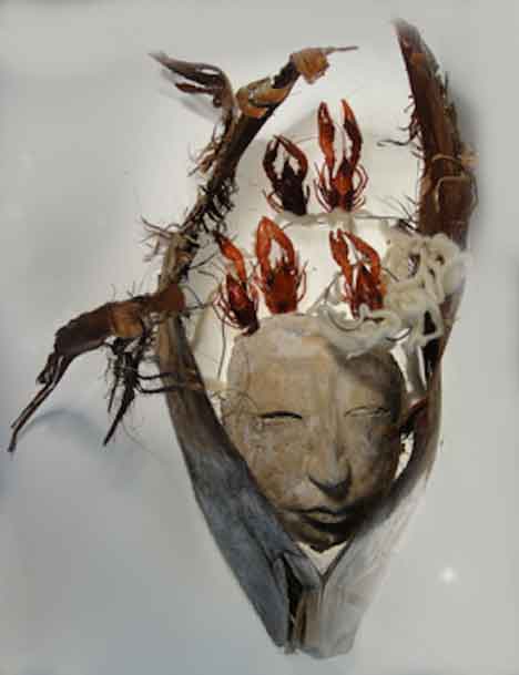  &ldquo;Crawdad Mask&rdquo;mixed media - &copy;2010 Maria Sky, All Rights Reserved <p><em>Art Ark Gallery, San Jose, California, USA</em><p>Mask was created out of palm, plaster, wire, crawdad shells and handspun wool.</p>
